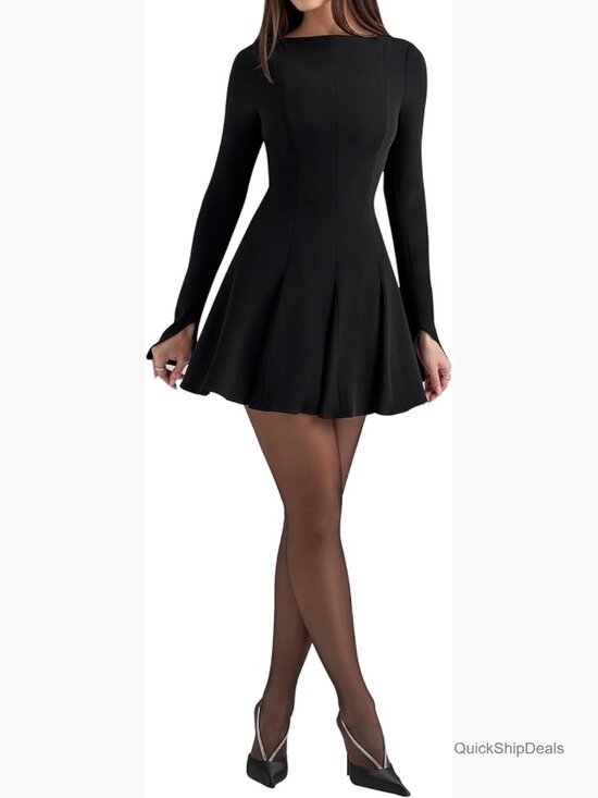 Dresses & Skirts - Long Sleeve Boat Neck Bodycon Mini Dress Pleated Fit and Flare Prom Dress